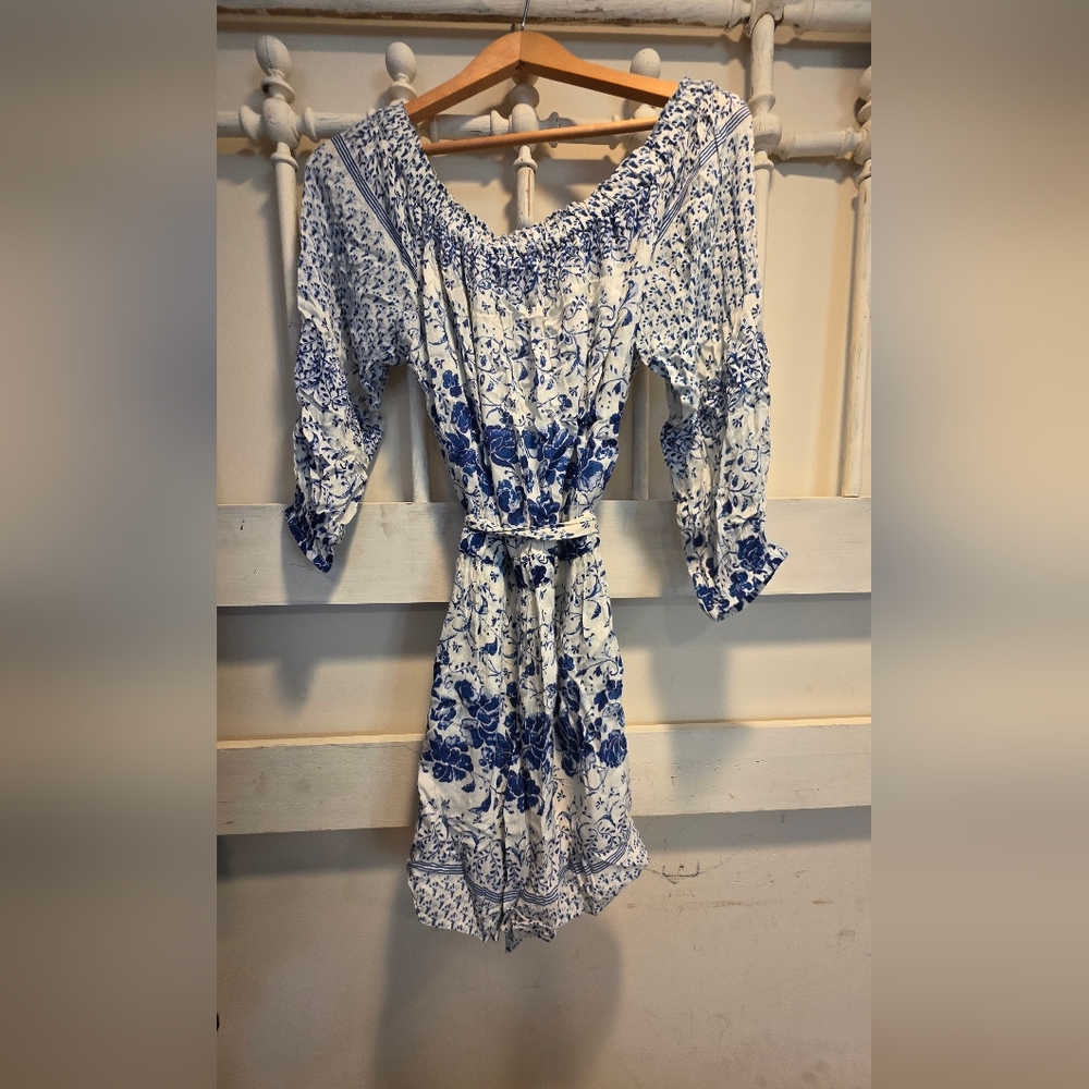 ANTHROPOLOGIE Clemente Floral Blue and White Off-Shoulder Dress Romper - Picture 2 of 5